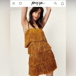 Gold Tassel Tinsel Fringe Strappy Cami Mini Dress